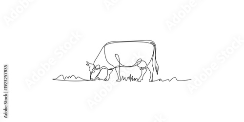 A simple continuous line art illustration showing a cow grazing in a field