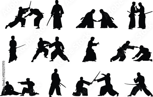 Samurai and martial arts fighters in sword combat poses, black silhouette vector illustration isolated on light background for training and action design