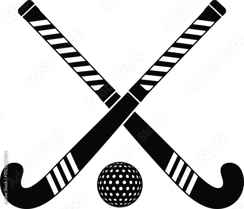 Crossed field hockey sticks with ball, sports equipment silhouette, striped handle design, dotted ball texture, vector illustration concept