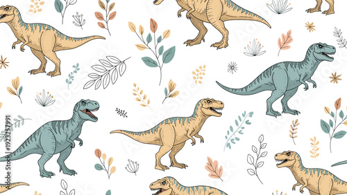 Hand-drawn seamless pattern featuring various Tyrannosaurus Rex dinosaurs and delicate botanical elements on a clean white background for kids.