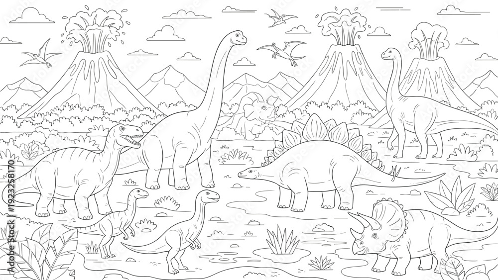 Fototapeta premium Detailed coloring page illustration of various dinosaurs including Brachiosaurus and Stegosaurus in a prehistoric landscape with volcanoes.