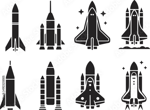 Rocket and space shuttle silhouettes collection in black vector illustration isolated on light background for aerospace technology and space exploration design