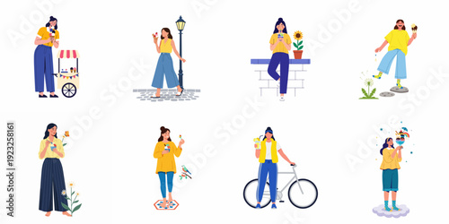 Diverse women enjoying ice cream, drinks, and nature: a vibrant illustration set capturing summer joy and leisure activities.