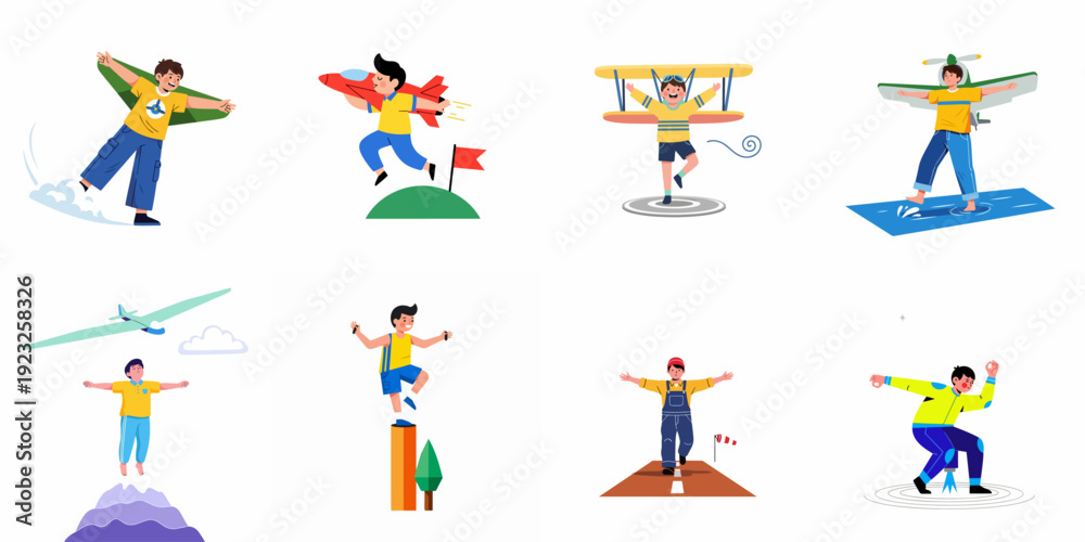 Fototapeta premium Diverse characters symbolizing dreams, ambition, and success through imaginative flight, balancing acts, and goal-oriented adventures.