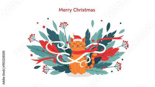Merry Christmas illustration featuring a cute ginger cat wearing a Santa hat and scarf surrounded by festive green leaves and red winter berries.