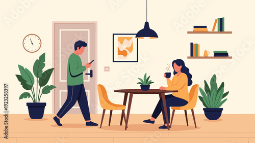 Young man checking his phone while walking past a woman sitting at a dining table and drinking coffee in a cozy home environment in flat style.