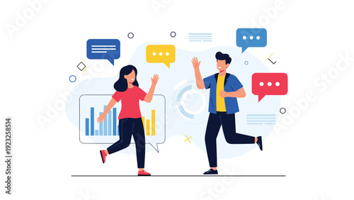 Male and female colleagues celebrating and communicating with colorful speech bubbles and data charts in a modern flat vector style illustration.