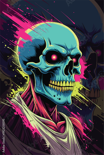 Artistic Teal Skull Illustration with Glowing Pink Eyes and Neon Splatter Background in Vaporwave Style for Synthwave Music Covers Gaming Posters and Streetwear Branding