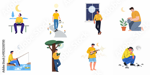 Man engaging in various peaceful and reflective activities outdoors and indoors, enjoying nature, hobbies, and quiet moments under the sun and moon.