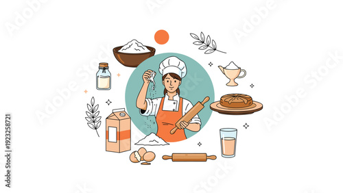Smiling female chef in a uniform and apron baking in the kitchen surrounded by various ingredients like flour, eggs, and milk in flat vector style.