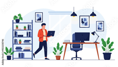 Modern workspace featuring a man walking with a laptop, a desk with a computer, bookshelves, and various potted plants in a clean flat style.