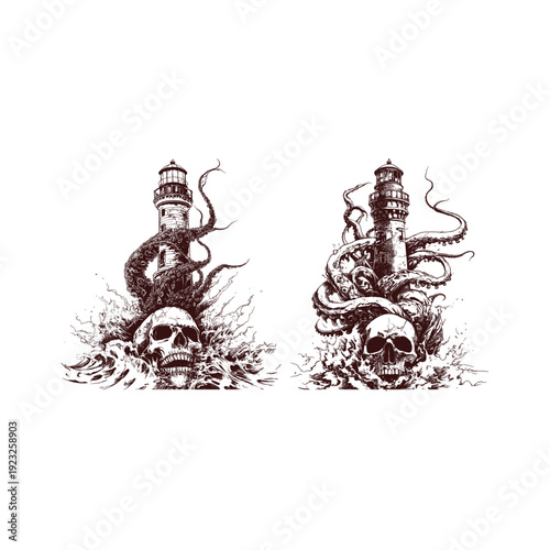 Hand-drawn dark illustration of a lighthouse, a skull, and an octopus tentacle emerging from stormy ocean waves