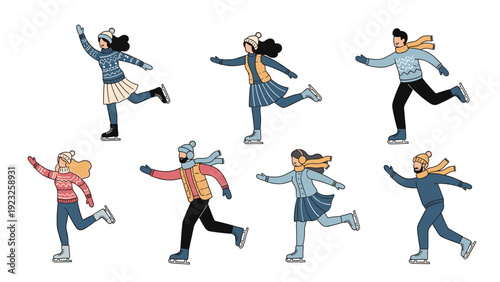 Diverse group of people in warm winter clothing enjoy ice skating outdoors on a clear day, practicing various poses and moves.