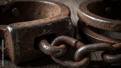 rusty shackles on weathered wooden floor with chain closeup