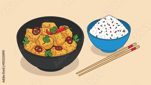 Healthy and delicious bowl of cooked tofu with chili and cilantro served alongside a bowl of white rice and wooden chopsticks.