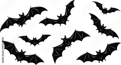 Flying bat silhouettes collection, nocturnal animal vector illustration, diverse wing positions, Halloween theme, gothic style, bold black and white artwork
