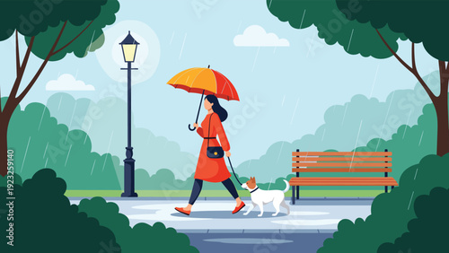 Woman wearing an orange coat walks her small white dog in a park under a colorful umbrella while it is raining.
