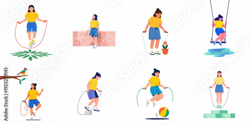 Collection of illustrations depicting young women engaged in various activities, including skipping rope for fitness, relaxing, playing, and leisure, promoting active lifestyles.
