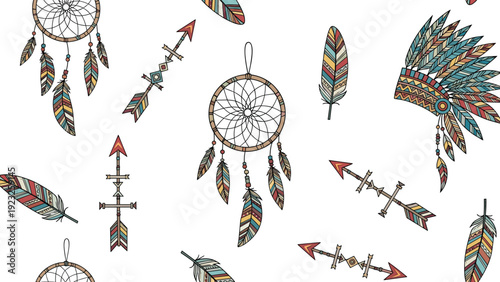 Seamless pattern featuring colorful Native American cultural elements like dreamcatchers, arrows, feathers, and a headdress.