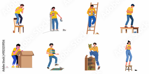 Collection of diverse cartoon characters panicking and showing fear of mice or rats in various home situations, on chairs, tables, and ladders.