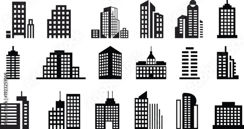 Urban building silhouettes and modern skyscraper icons collection in black vector illustration isolated on light background for city skyline design