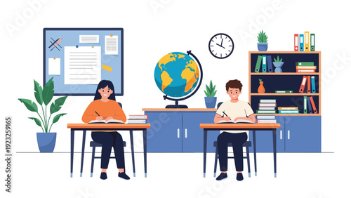 Two students sitting at desks and studying in a colorful classroom equipped with a globe, bookshelf, and a clock.
