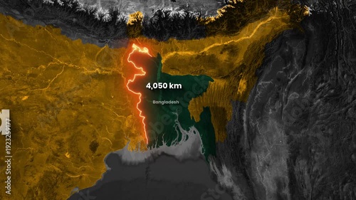 Map Animation the length of the border shared between India and Bangladesh