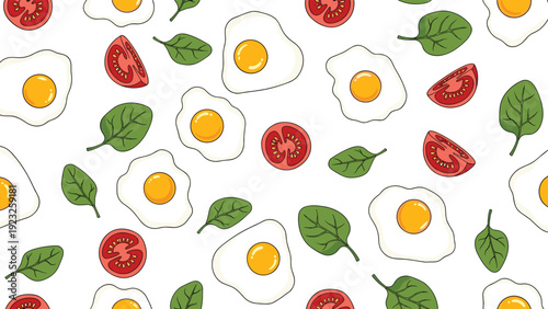 Bright and healthy seamless pattern of fried eggs, sliced red tomatoes, and green spinach leaves on a white background.