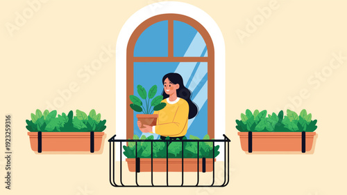 Young woman tending to her plants on a sunny balcony, holding a flower pot with a smile against a large arched window.