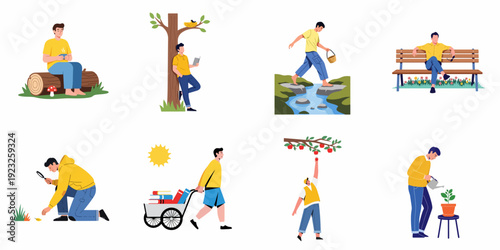 Man enjoying various outdoor and indoor leisure activities, embracing nature, learning, and simple pleasures in flat design.