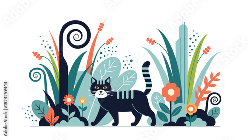 Stylized illustration of a black and white striped cat walking through tall grass and colorful flowers in a garden.