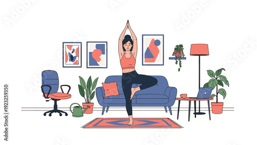 Woman practicing yoga in her cozy living room, standing in a tree pose on a rug surrounded by plants and furniture.