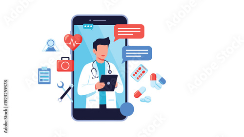 Concept of telemedicine showing a doctor on a smartphone screen surrounded by medical icons like pills, heart, and reports.