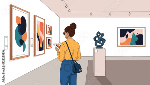 Young woman exploring an art gallery, looking at abstract paintings and a sculpture while holding a brochure or map.
