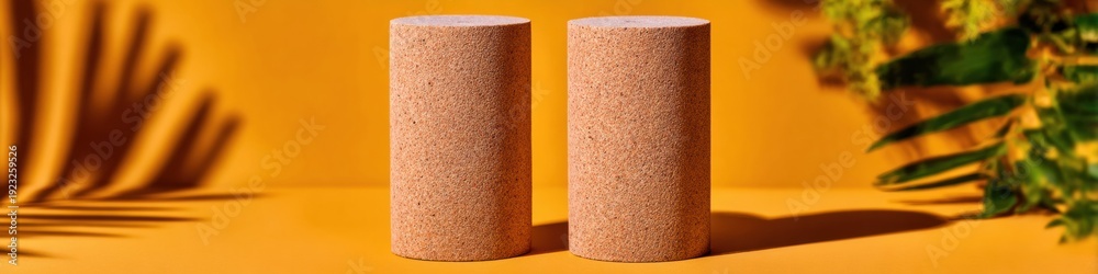 Obraz premium Two Stone Cylindrical Podiums Standing on Orange Surface for Product Display with Tropical Leaf Shadows and Nature Backdrop for Skincare Marketing and Branding Mockup