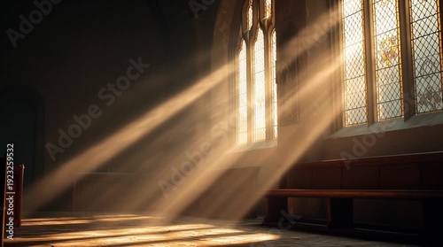 Sunlight beams streaming through stained glass windows inside old church sanctuary