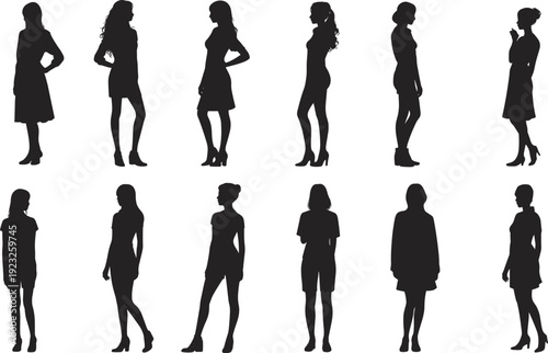Women standing silhouettes collection in elegant poses, black vector illustration isolated on light background for fashion, modeling and character design projects