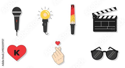 Creative filmmaking elements including microphone, clapboard, and spotlight on a clean white background from a straightforward viewpoint