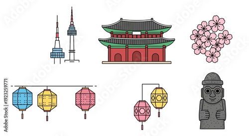 Traditional Asian temple with lanterns, statue, and cherry blossoms near modern skyscrapers in a cultural landscape illustration
