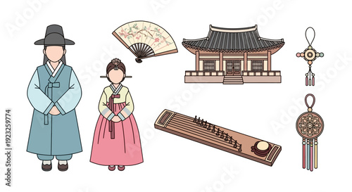 Traditional Korean couple standing together surrounded by cultural symbols, traditional house, and historical artifacts