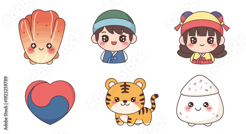 Assorted Korean cultural icons including food, people, and animals in a playful, cartoon-style illustration.