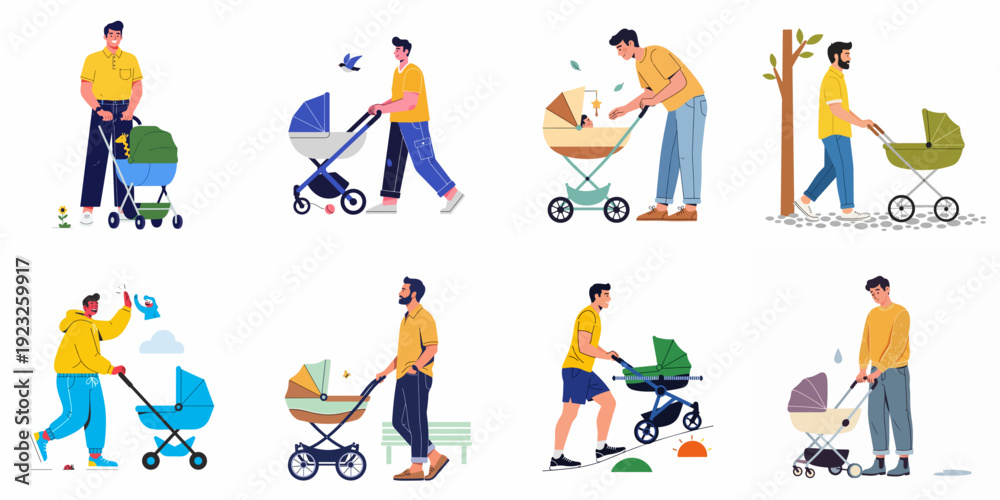 Fototapeta premium Fathers and Baby Strollers Collection: Dads Enjoying Parenthood, Walking, and Caring for Infants in Various Daily Activities