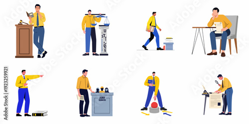 Collection of illustrations depicting various aspects of the legal system and justice, featuring lawyers and legal professionals in action.