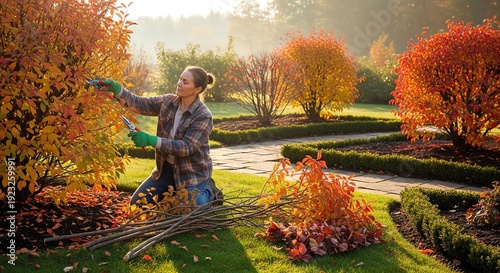 Woman pruning autumn shrubs in a garden landscape