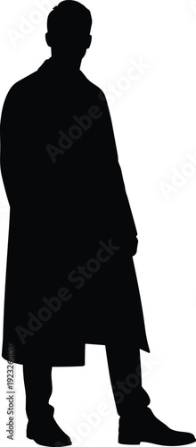 Vector black silhouette illustration of a professional man standing in long trench coat and formal shoes isolated on white background for fashion design.