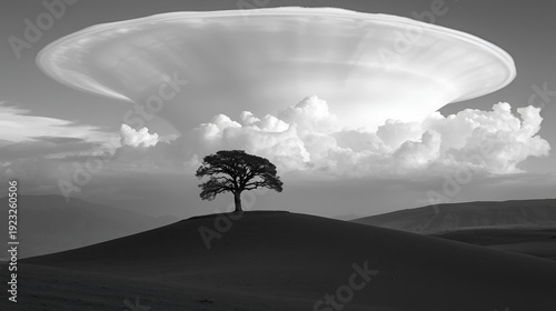 Solitary tree on hill, lenticular clouds, serene landscape, monochrome photography, nature scene