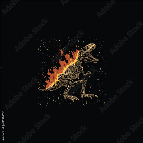 illustration of a dinosaur skeleton engulfed in flames under a starry night sky, dark fantasy prehistoric concept