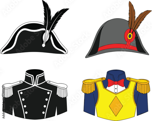 Napoleonic Military Uniform and Bicorne Hat Set with Epaulettes Historical Soldier Costume Cartoon Vector Illustration