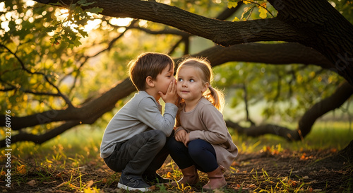 Two small children crouching in the grass during sunset while the boy shares a private message in the girls ear in a forest setting