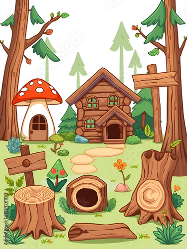 Cartoon forest elements, mushroom house, log cabin, wooden signpost, tree stump, hollow log, cut wood, nature illustration, vector design, whimsical style, flat lay
